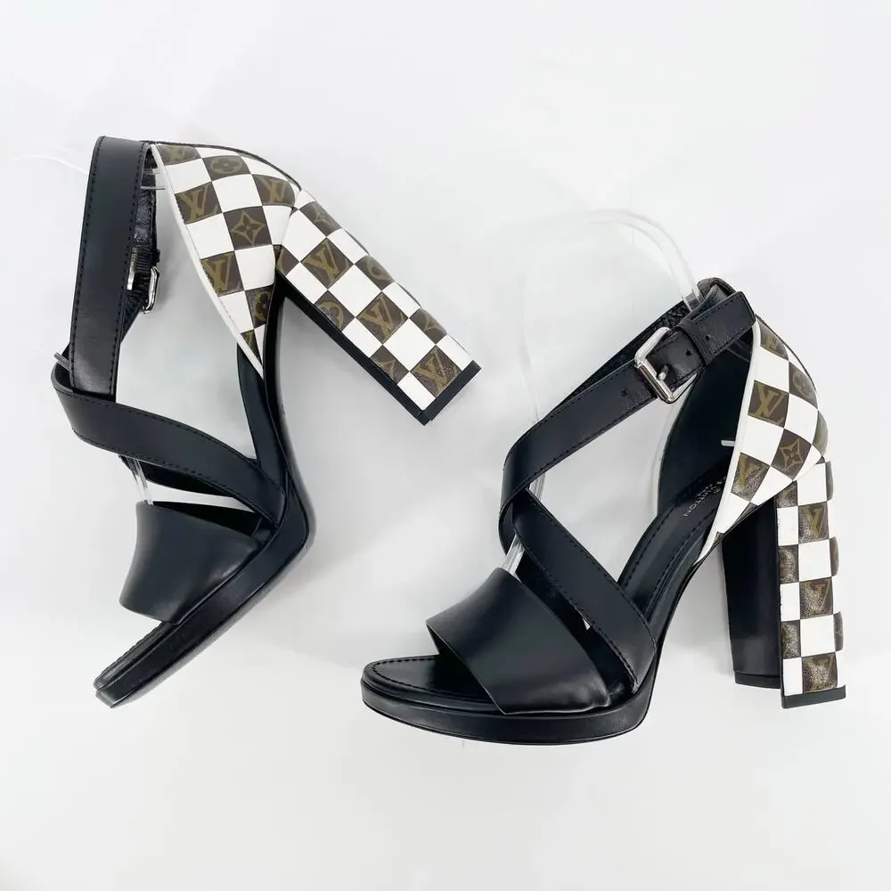 Louis Vuitton Black Monogram Damier Tressage Matchmake Check Heel Sandals EU 37